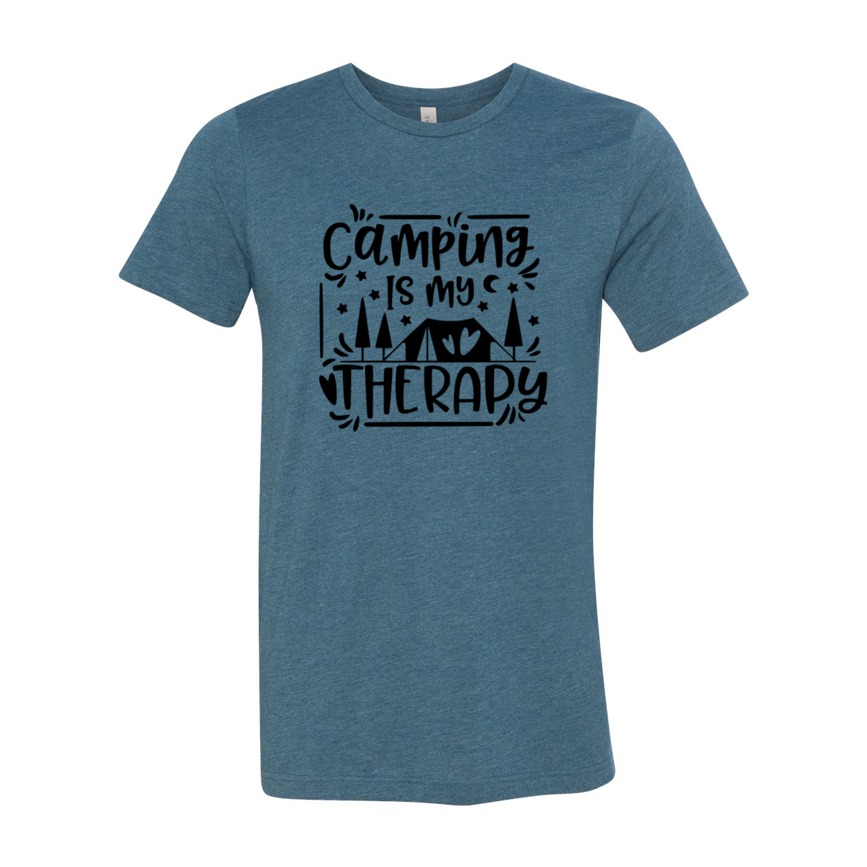 A comfortable unisex T-shirt with the phrase 'Camping Is My Therapy' printed on it, available in various colors.