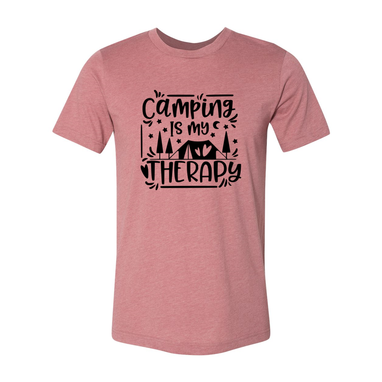 A comfortable unisex T-shirt with the phrase 'Camping Is My Therapy' printed on it, available in various colors.