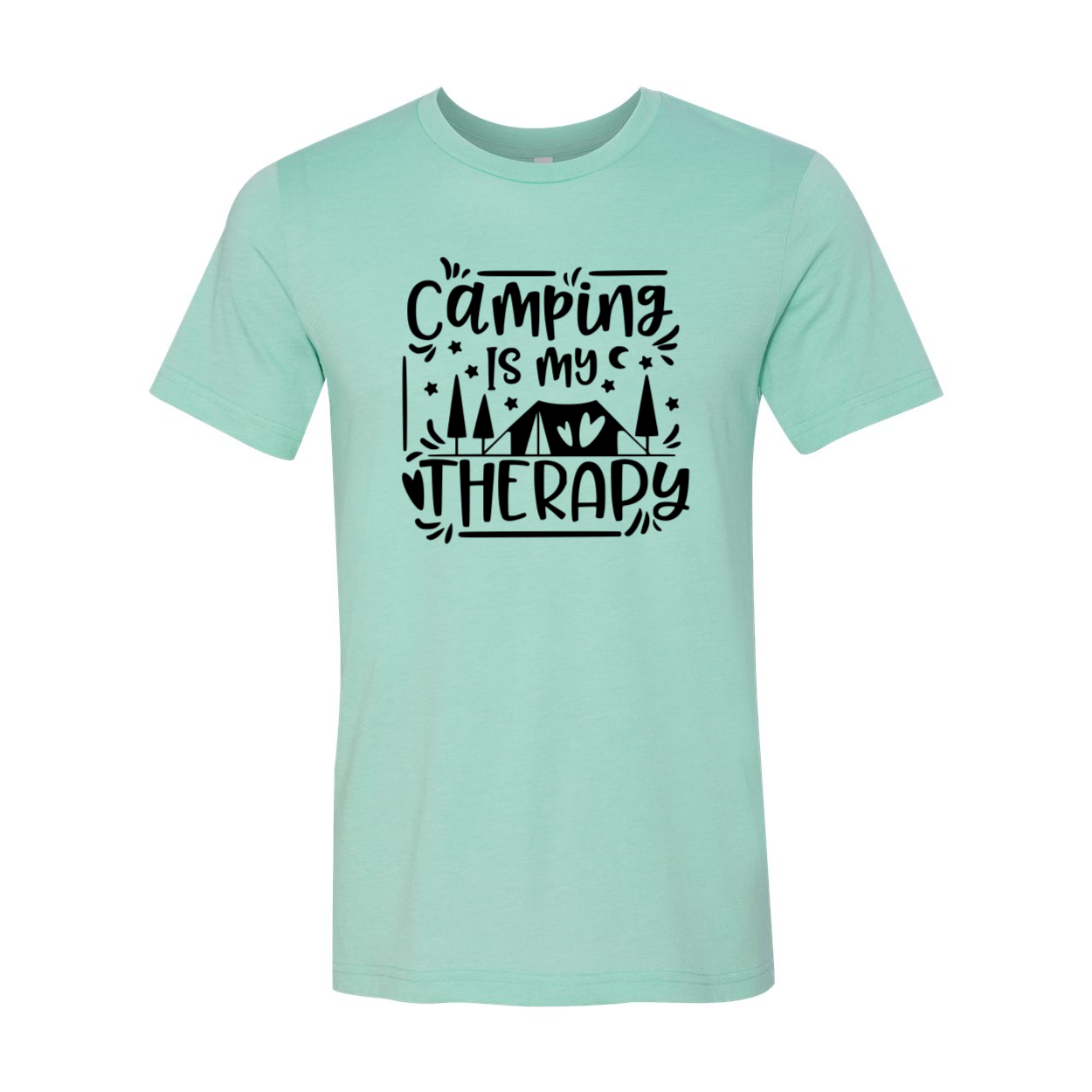 A comfortable unisex T-shirt with the phrase 'Camping Is My Therapy' printed on it, available in various colors.