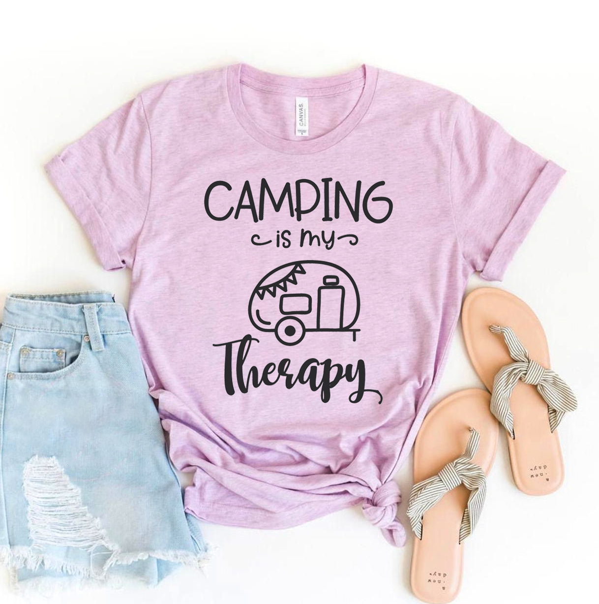 A comfortable Camping Is My Therapy T-shirt made from premium ring spun cotton, featuring a stylish flex print design.