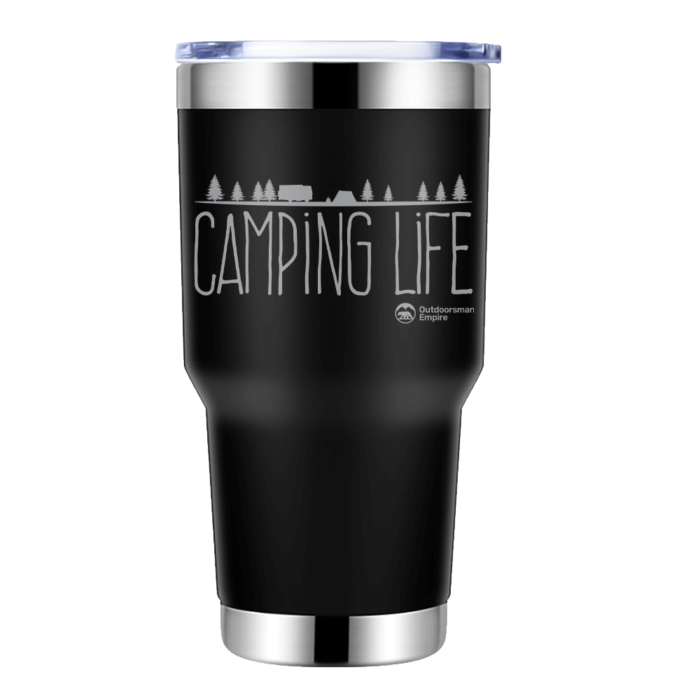 Camping Life 30oz Insulated Vacuum Sealed Tumbler in stainless steel with a splash-proof lid and UV-printed design.