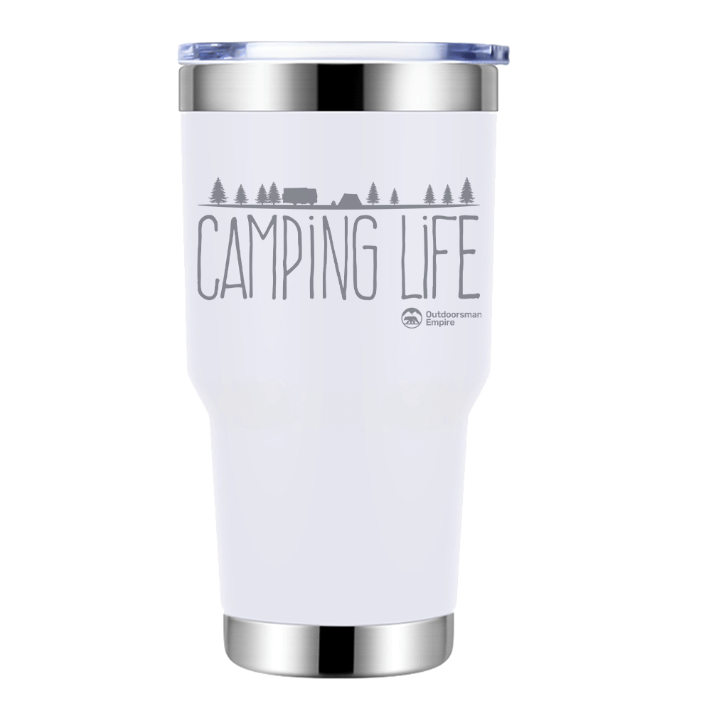 Camping Life 30oz Insulated Vacuum Sealed Tumbler in stainless steel with a splash-proof lid and UV-printed design.