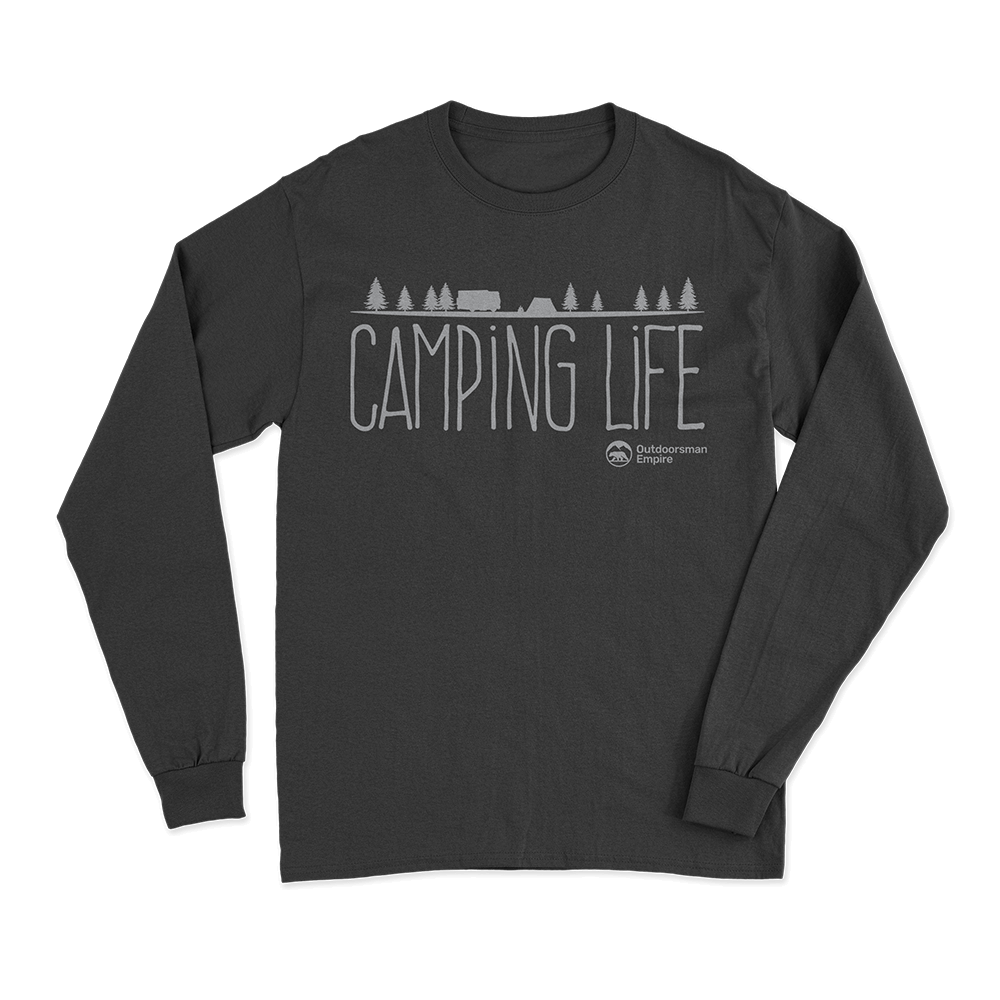 Camping Life Men Long Sleeve Shirt in classic midweight fabric, featuring a non-topstitched collar and double-needle sleeves.