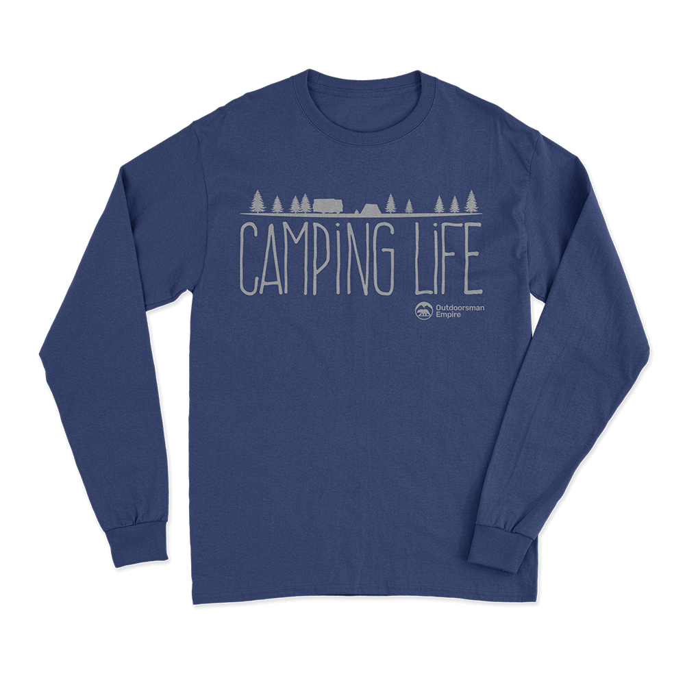 Camping Life Men Long Sleeve Shirt in classic midweight fabric, featuring a non-topstitched collar and double-needle sleeves.