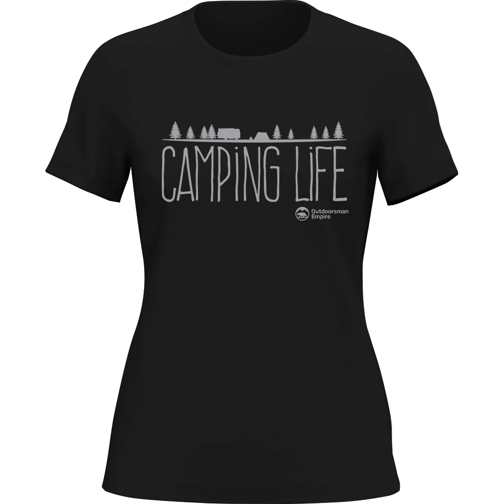 A stylish Camping Life T-Shirt for women, featuring a semi-fitted design and made from soft, breathable cotton, perfect for outdoor activities.