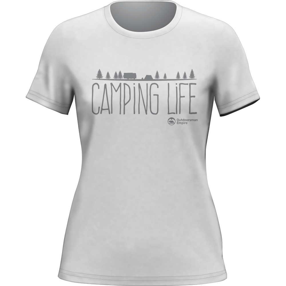 A stylish Camping Life T-Shirt for women, featuring a semi-fitted design and made from soft, breathable cotton, perfect for outdoor activities.