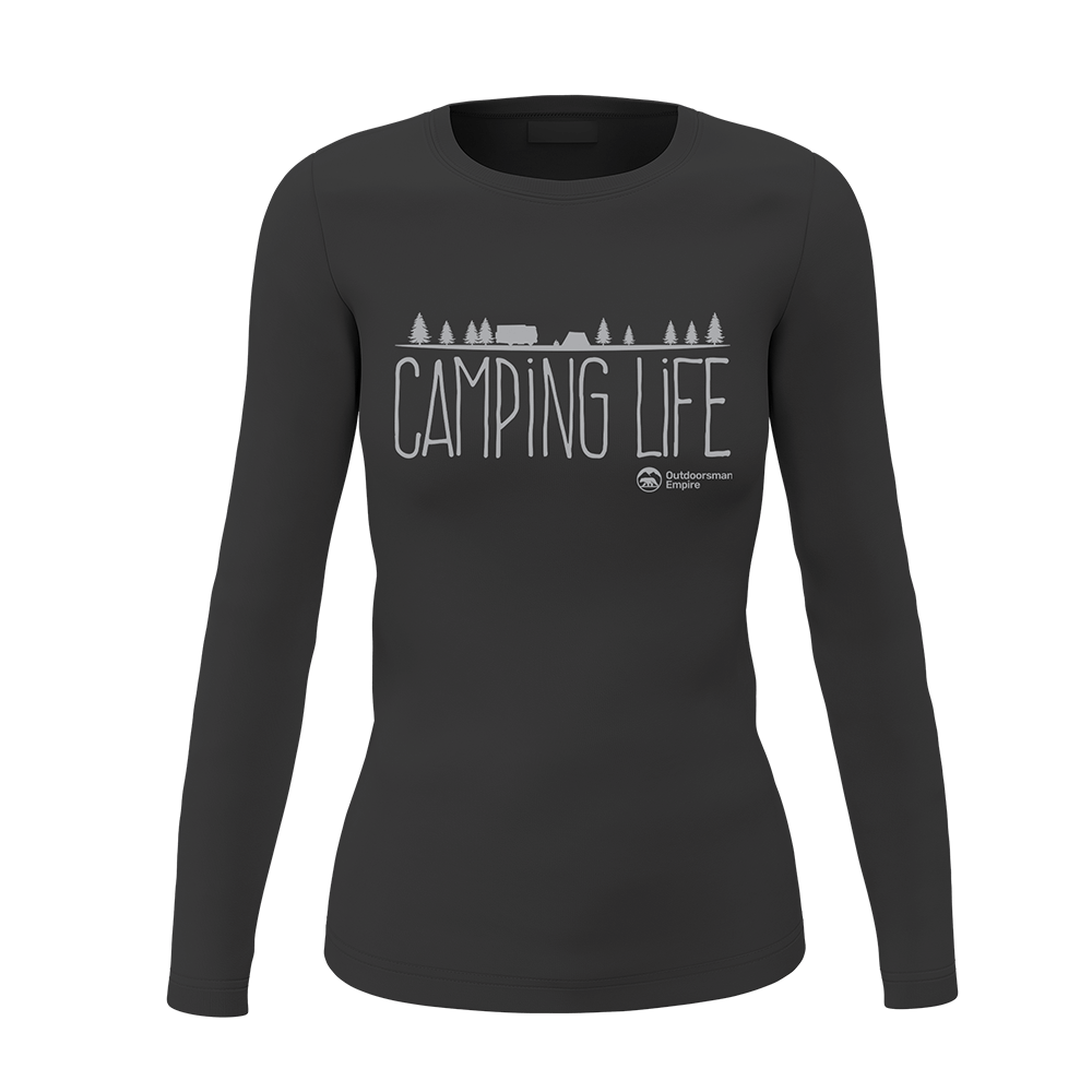 A stylish Camping Life Women Long Sleeve Shirt featuring vibrant graphics, perfect for outdoor adventures and casual wear.