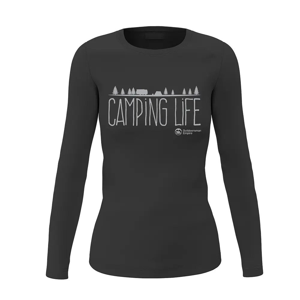 A stylish Camping Life Women Long Sleeve Shirt featuring vibrant graphics, perfect for outdoor adventures and casual wear.