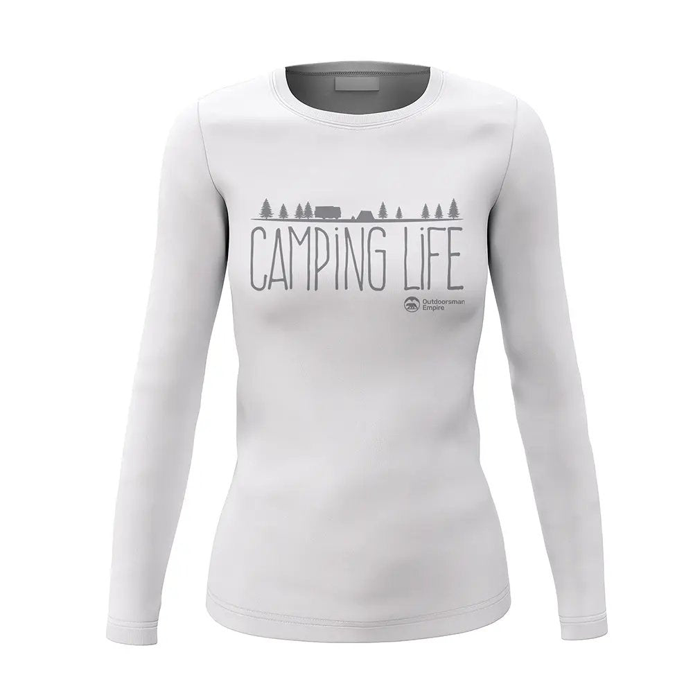 A stylish Camping Life Women Long Sleeve Shirt featuring vibrant graphics, perfect for outdoor adventures and casual wear.