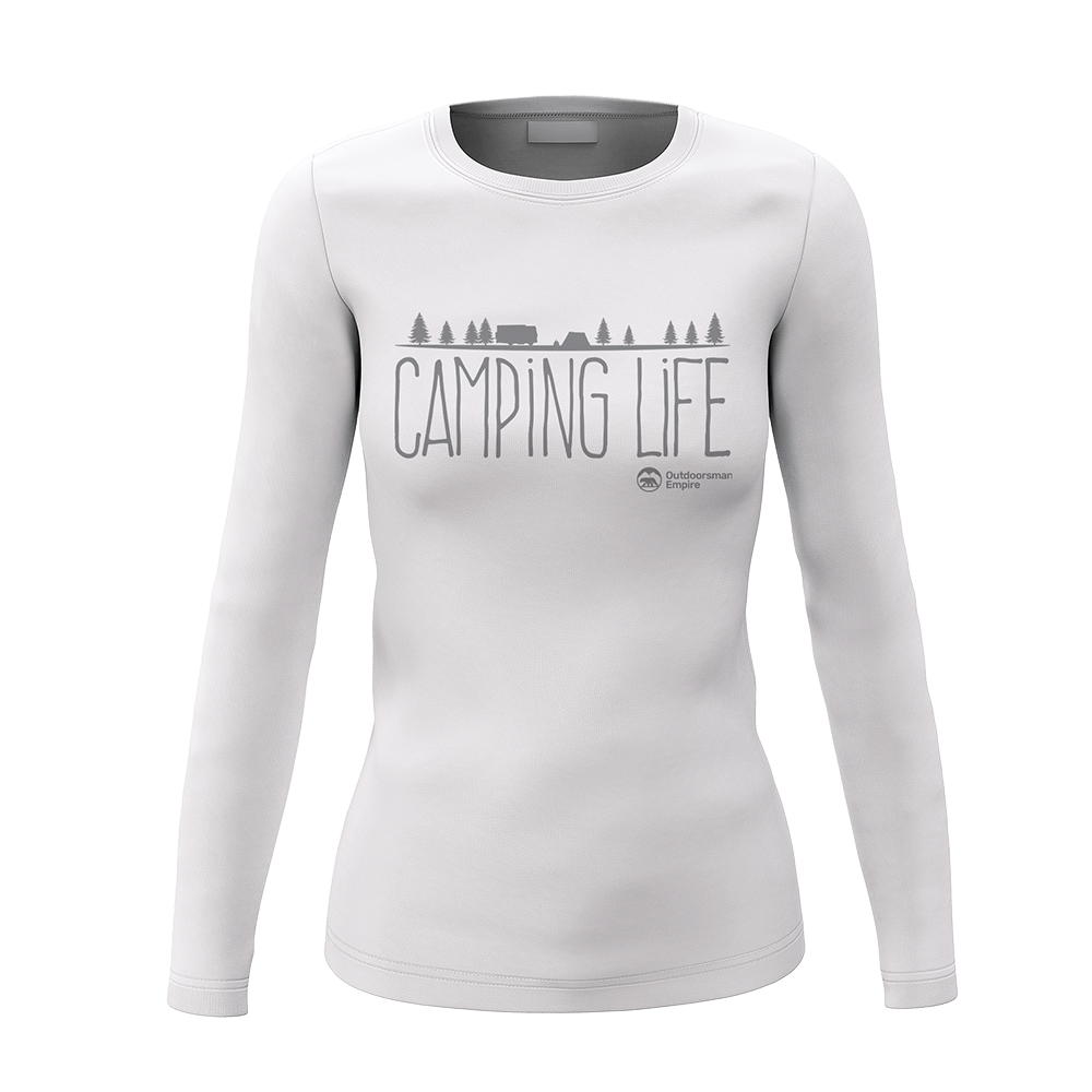 A stylish Camping Life Women Long Sleeve Shirt featuring vibrant graphics, perfect for outdoor adventures and casual wear.