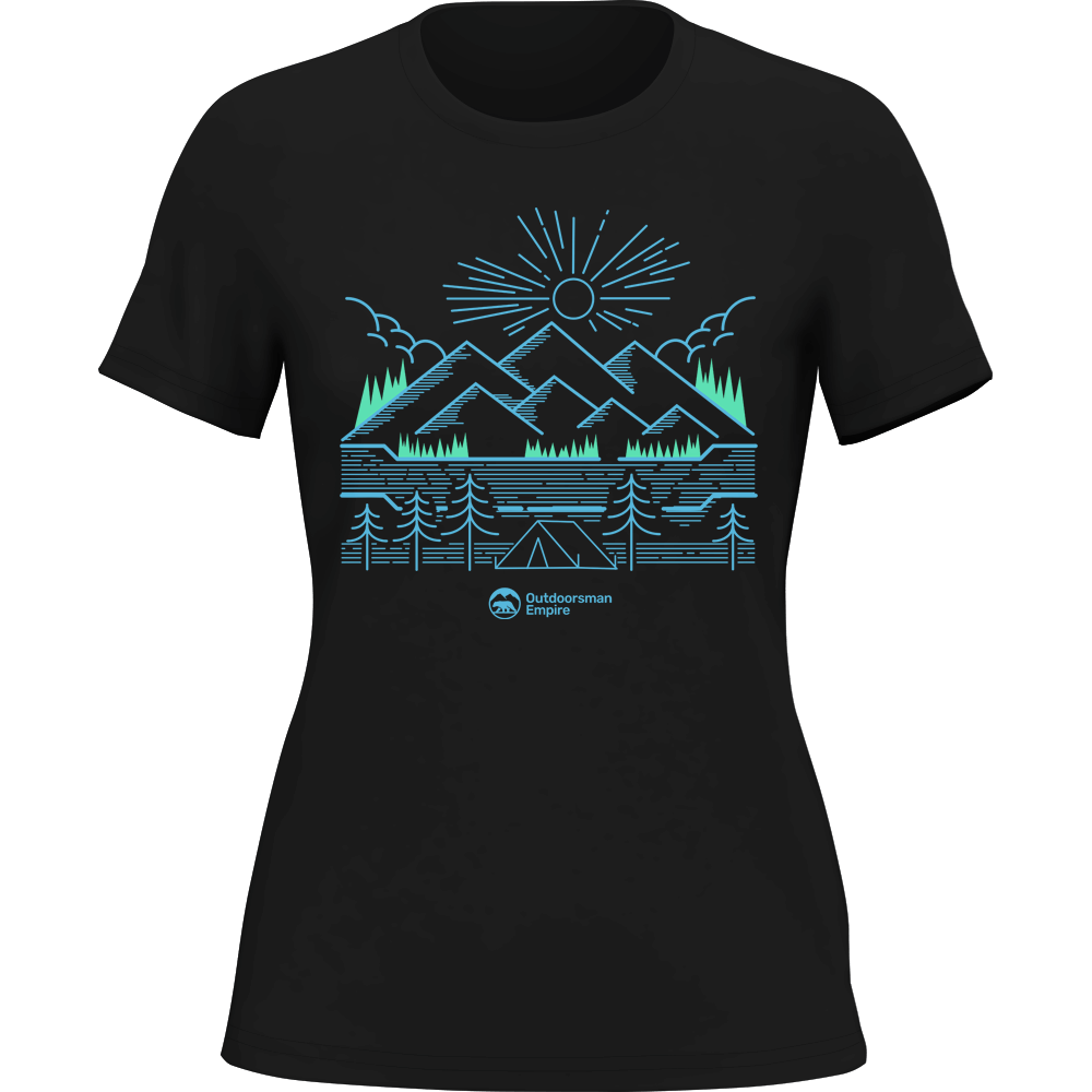 A stylish Camping Lines T-Shirt for women, featuring a unique camping-themed design, made from soft ringspun cotton.