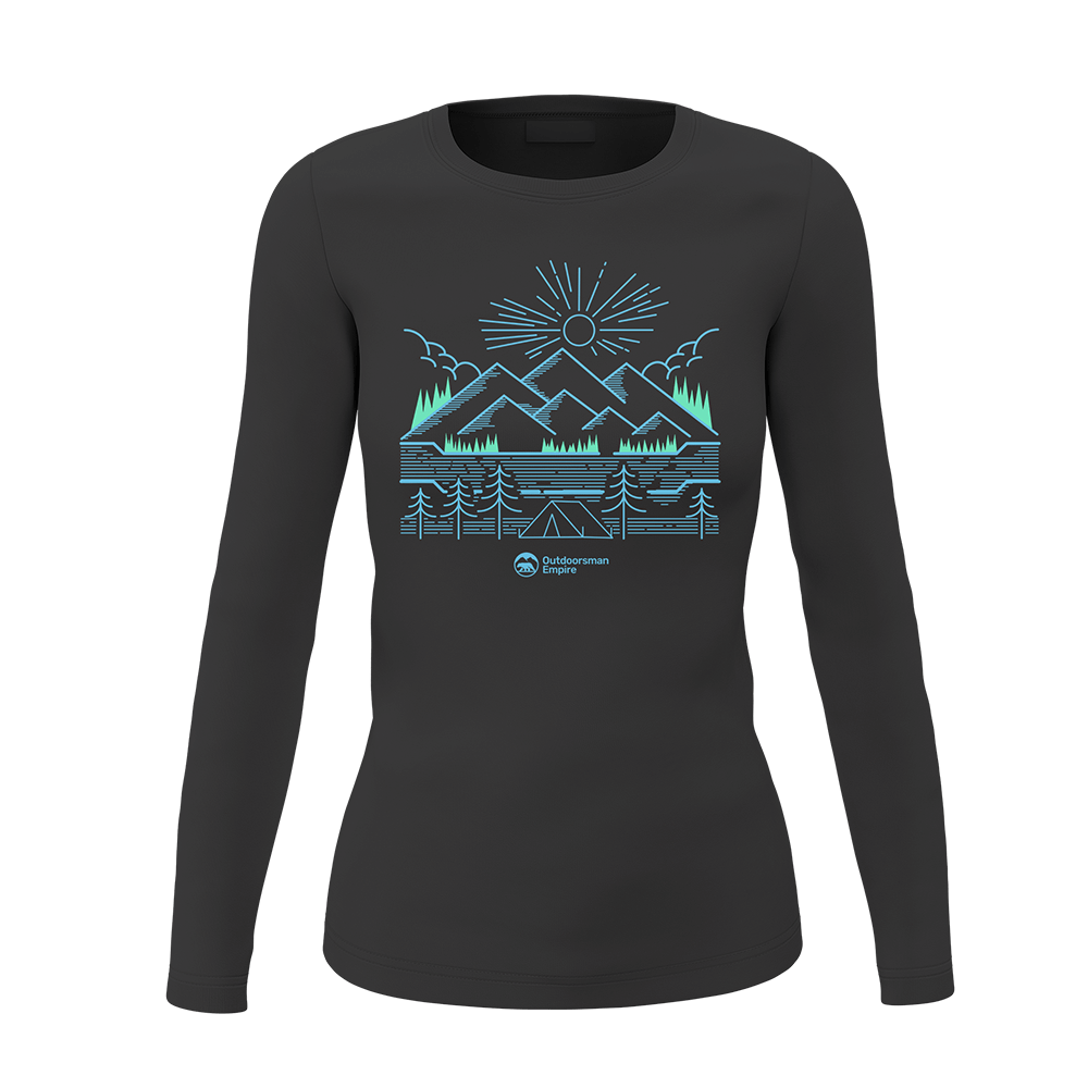 A stylish Camping Lines Women Long Sleeve Shirt featuring a unique design, perfect for outdoor activities and casual wear.