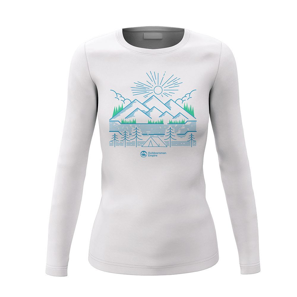 A stylish Camping Lines Women Long Sleeve Shirt featuring a unique design, perfect for outdoor activities and casual wear.