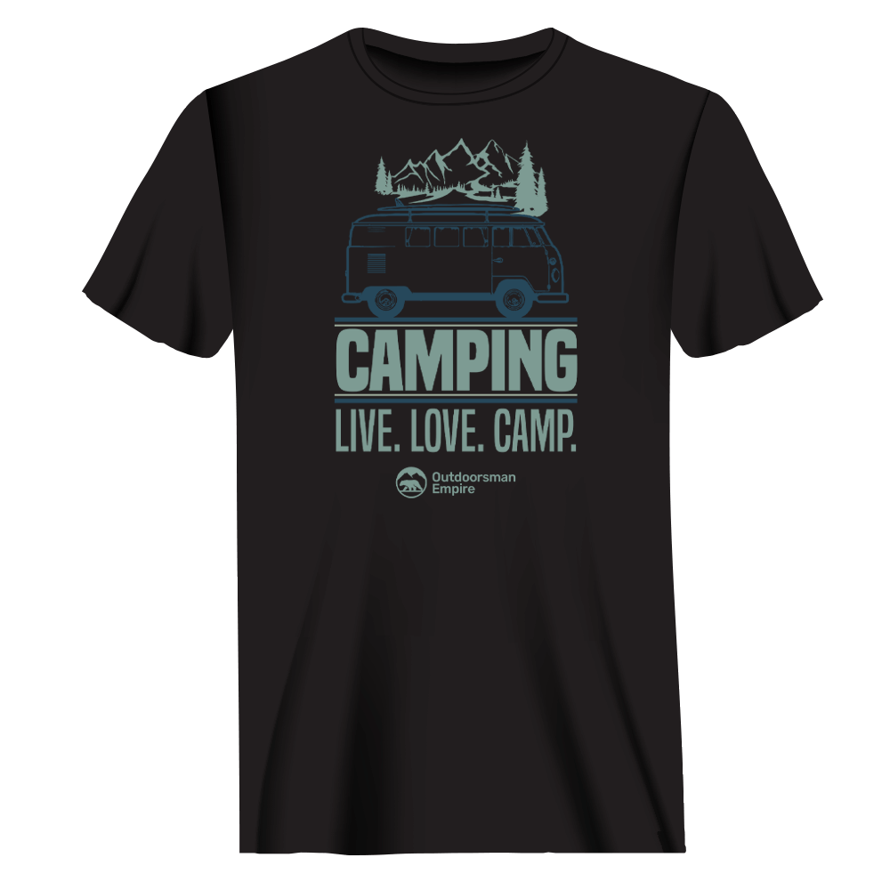 Camping Live Love Camp Man T-Shirt in solid color, showcasing a modern classic fit, made from 100% ringspun cotton.