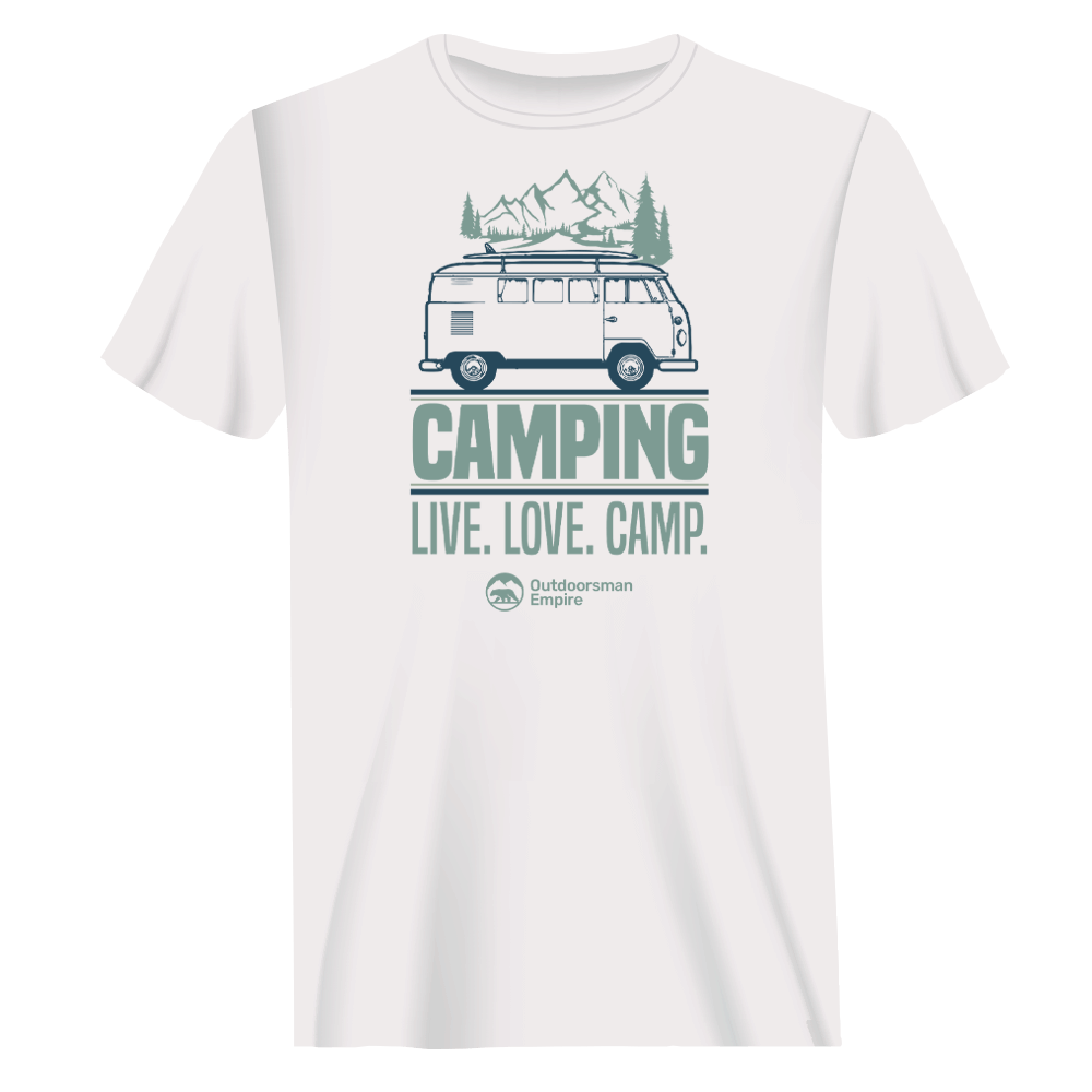 Camping Live Love Camp Man T-Shirt in solid color, showcasing a modern classic fit, made from 100% ringspun cotton.