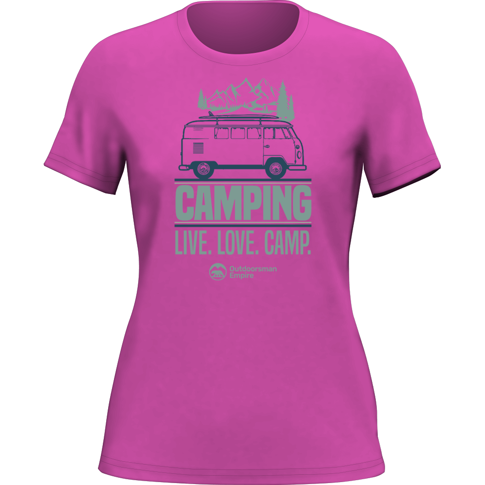 A stylish women's t-shirt featuring a camping-themed design, made from soft Ringspun Cotton, perfect for outdoor enthusiasts.