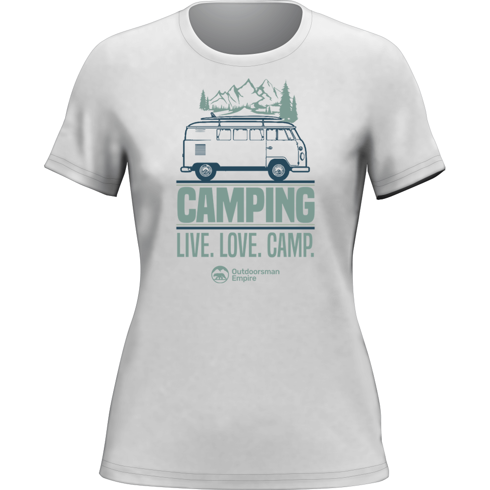 A stylish women's t-shirt featuring a camping-themed design, made from soft Ringspun Cotton, perfect for outdoor enthusiasts.