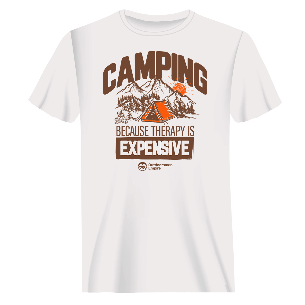 Camping No Expensive Man T-Shirt in solid color, showcasing its comfortable fit and high-quality fabric, perfect for outdoor activities.