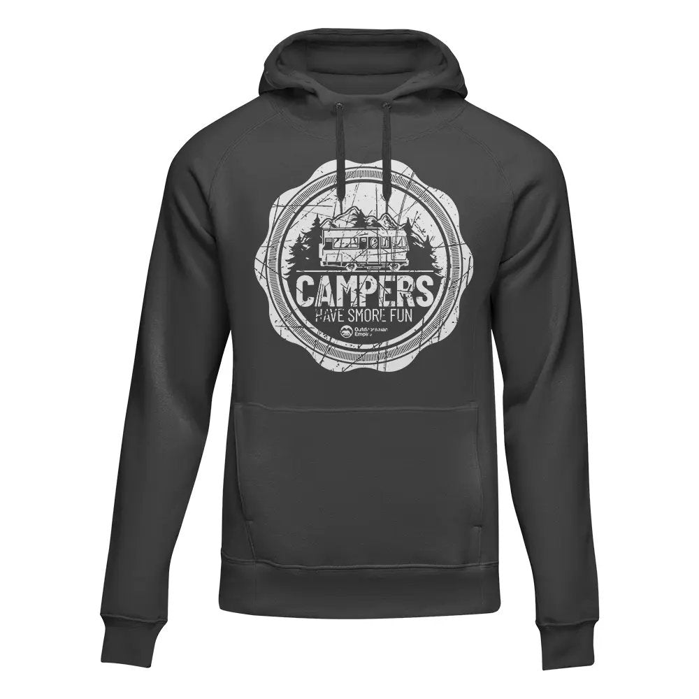 Camping Seal Adult Fleece Hooded Sweatshirt in a cozy setting, showcasing its soft fabric and stylish design.