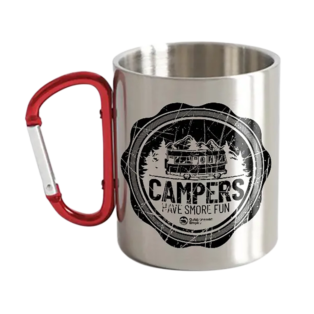 Camping Seal Carabiner Mug 12oz with UV printed design, showcasing its durable stainless steel and ceramic construction.