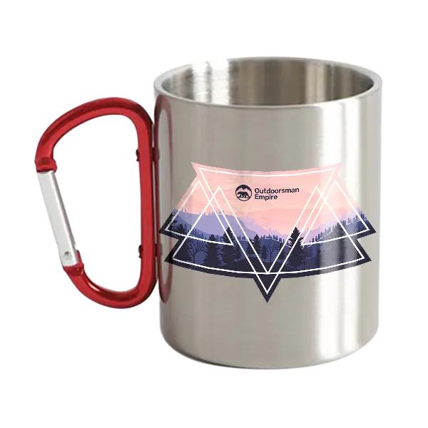 Camping Triangles Carabiner Mug 12oz with UV printed design, stainless steel double wall, and carabiner attachment for outdoor use.