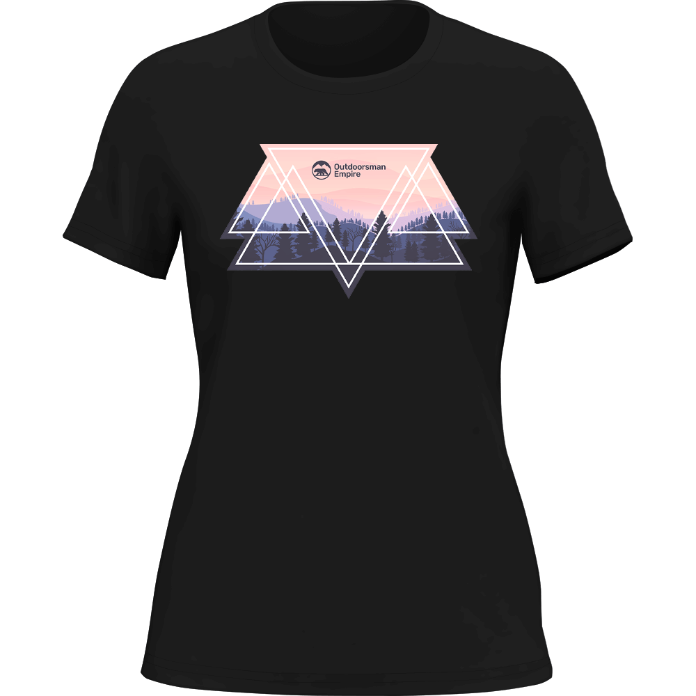 A stylish women's t-shirt featuring a camping triangles design, made from soft ringspun cotton, perfect for outdoor adventures.