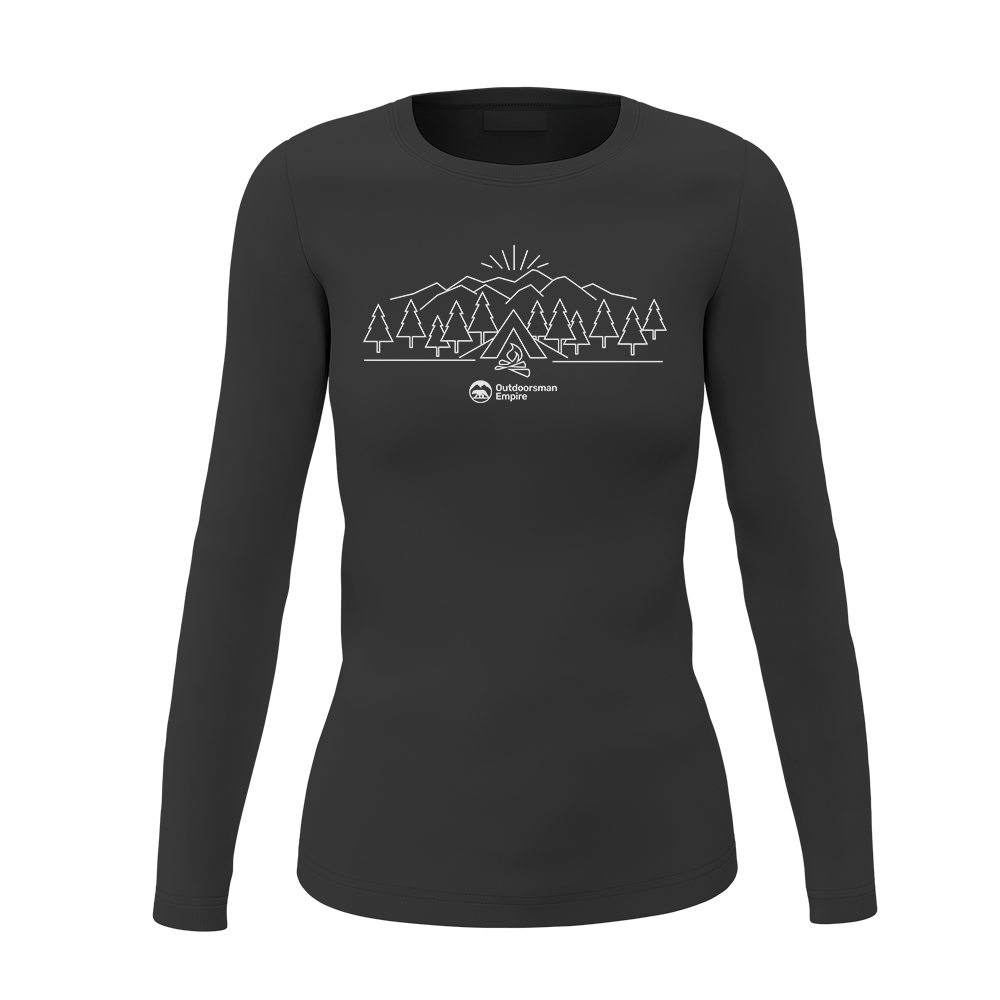 A stylish women's long sleeve shirt featuring unique camping triangle designs, perfect for outdoor activities and casual wear.