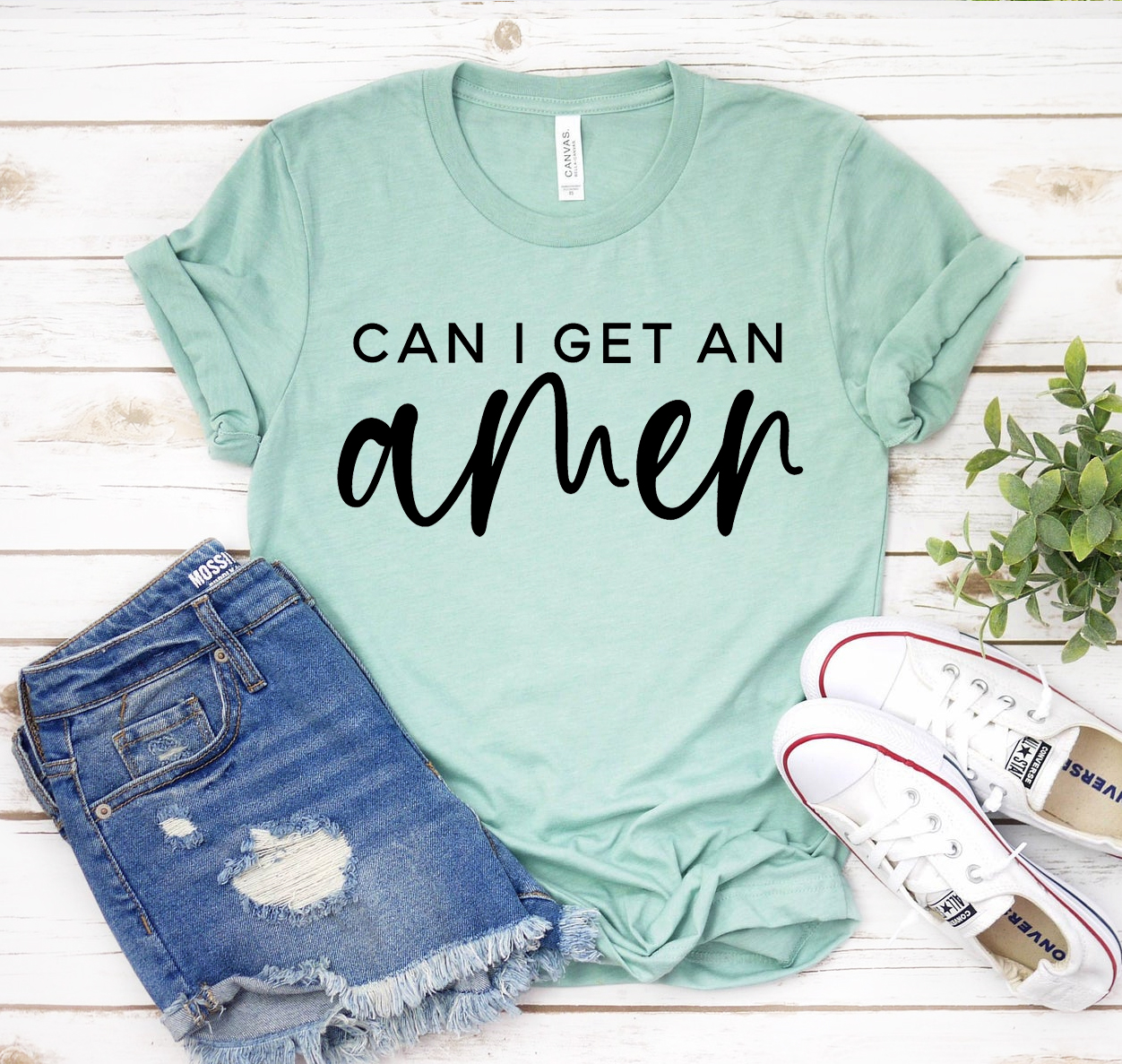 A stylish unisex 'Can I Get An Amen' t-shirt made from soft airlume cotton, featuring a vibrant print.