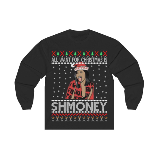 Cardi B Schmoney Christmas Shirt featuring festive design and classic fit, made from 100% preshrunk cotton.