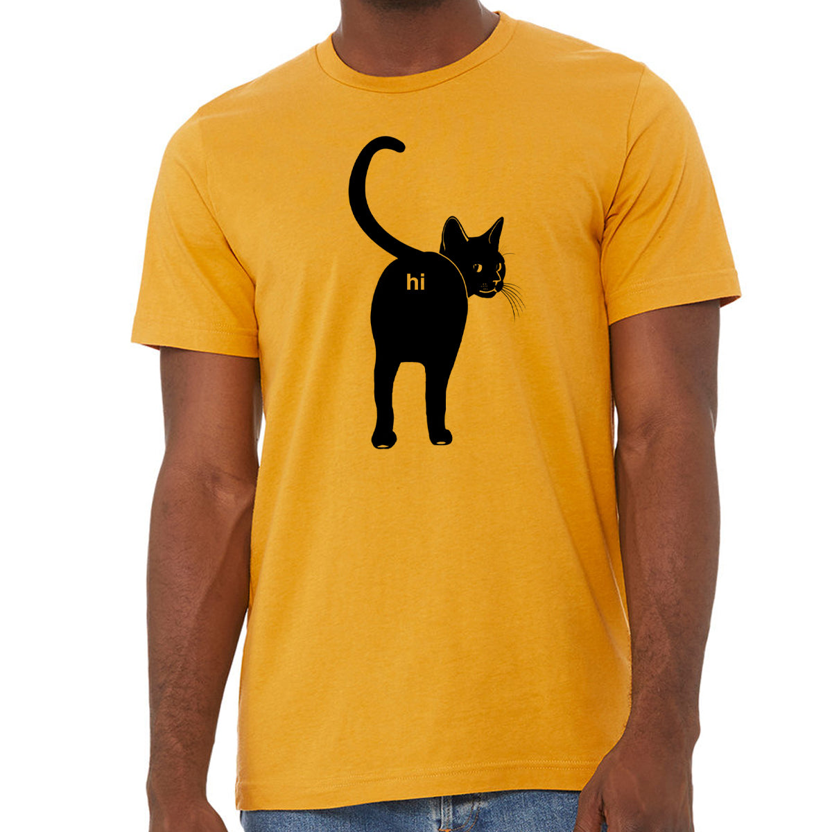 A humorous Cat Butt Hi Shirt featuring a playful design, made from 100% cotton, perfect for cat lovers.