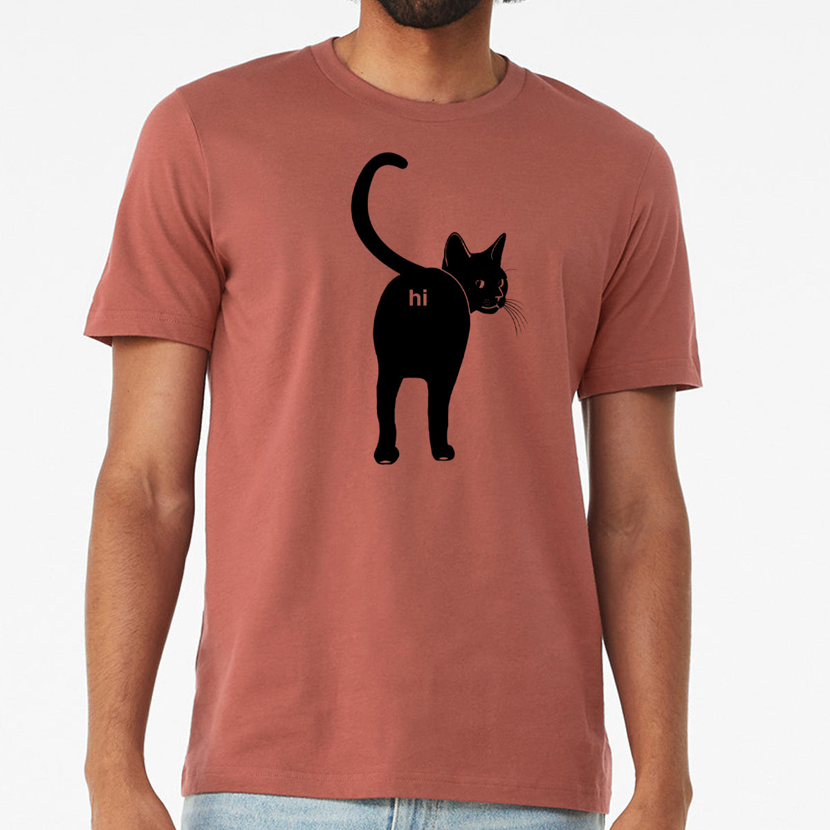 A humorous Cat Butt Hi Shirt featuring a playful design, made from 100% cotton, perfect for cat lovers.