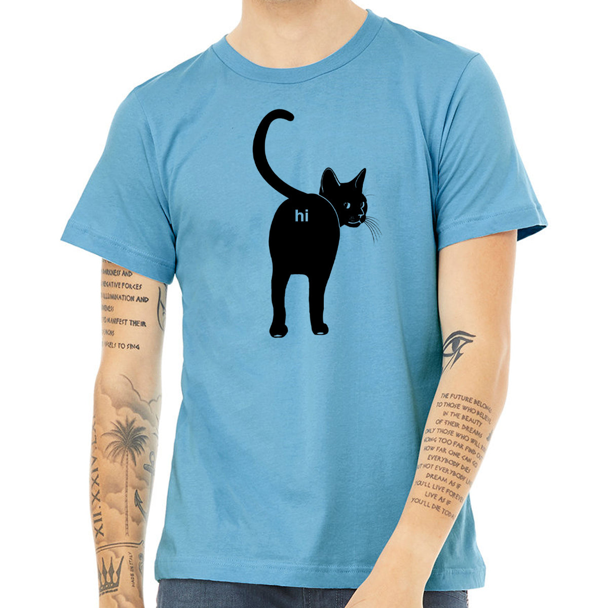 A humorous Cat Butt Hi Shirt featuring a playful design, made from 100% cotton, perfect for cat lovers.