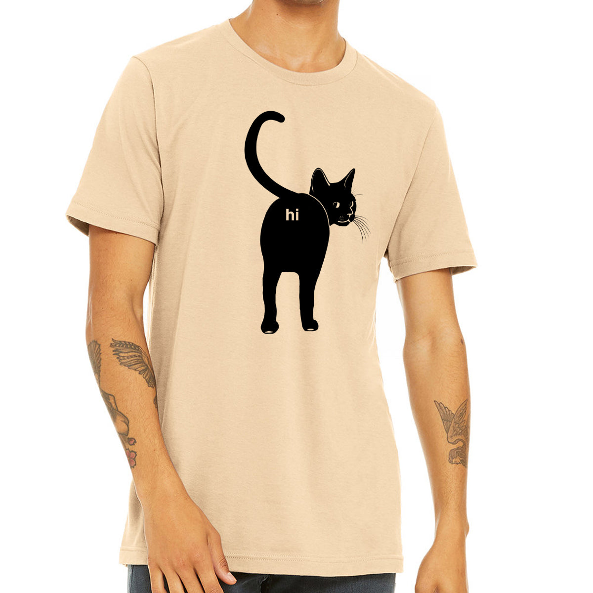 A humorous Cat Butt Hi Shirt featuring a playful design, made from 100% cotton, perfect for cat lovers.