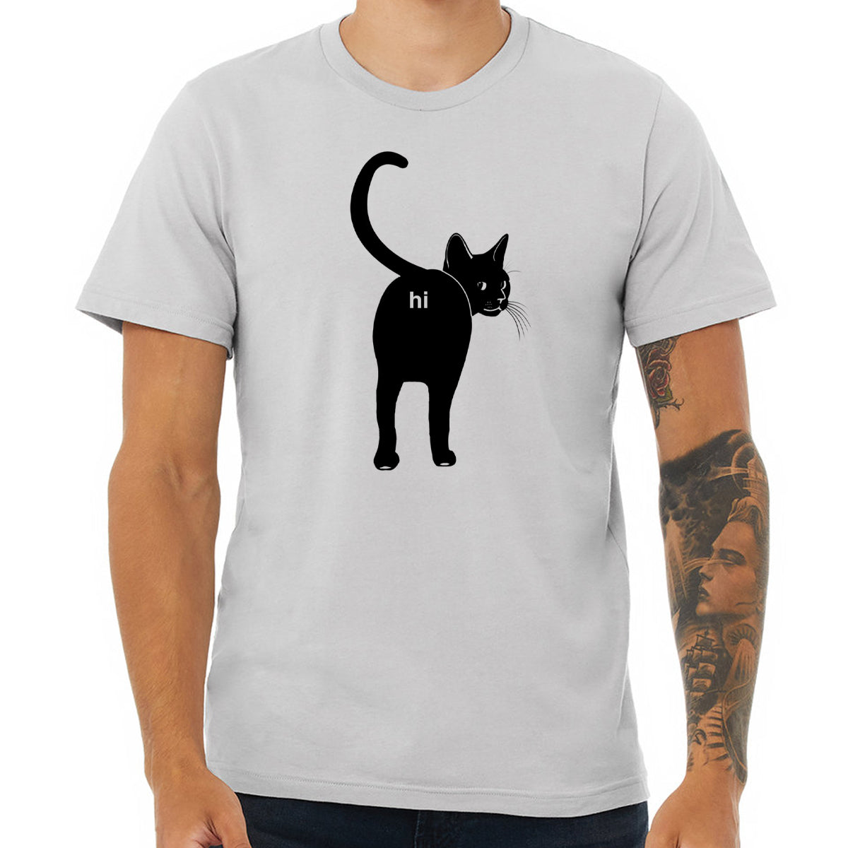 A humorous Cat Butt Hi Shirt featuring a playful design, made from 100% cotton, perfect for cat lovers.