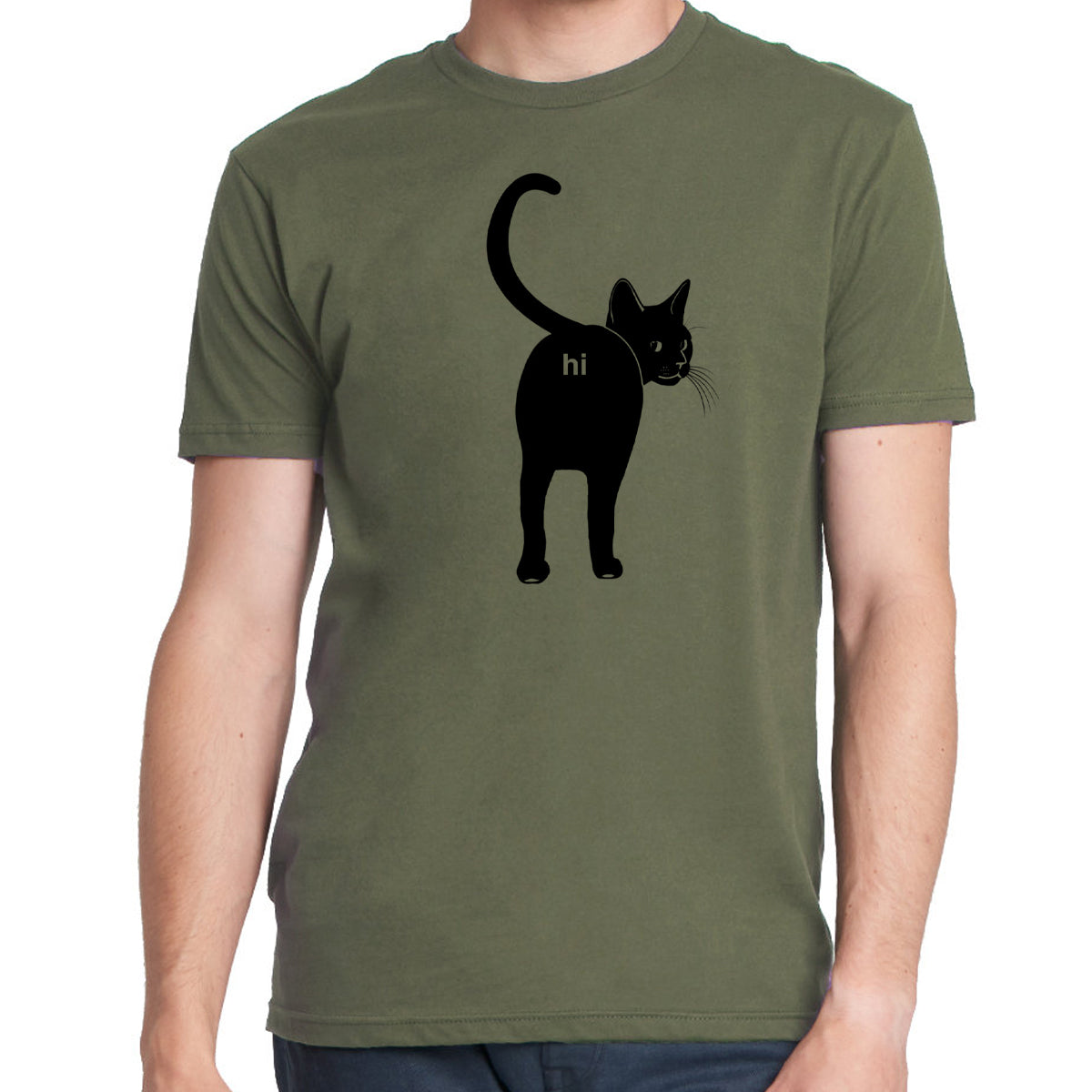 A humorous Cat Butt Hi Shirt featuring a playful design, made from 100% cotton, perfect for cat lovers.