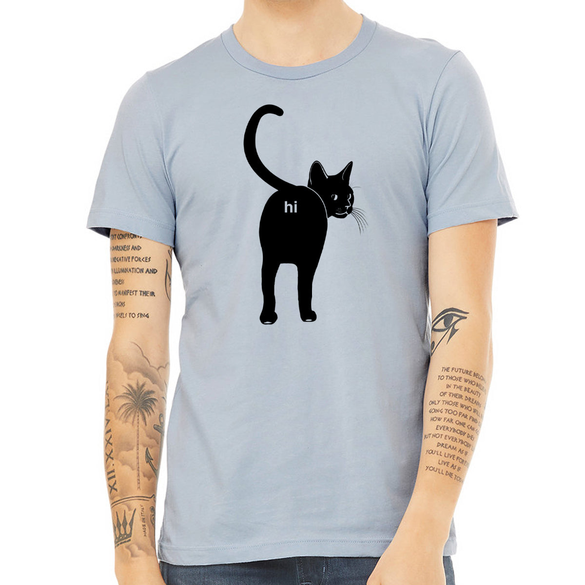 A humorous Cat Butt Hi Shirt featuring a playful design, made from 100% cotton, perfect for cat lovers.