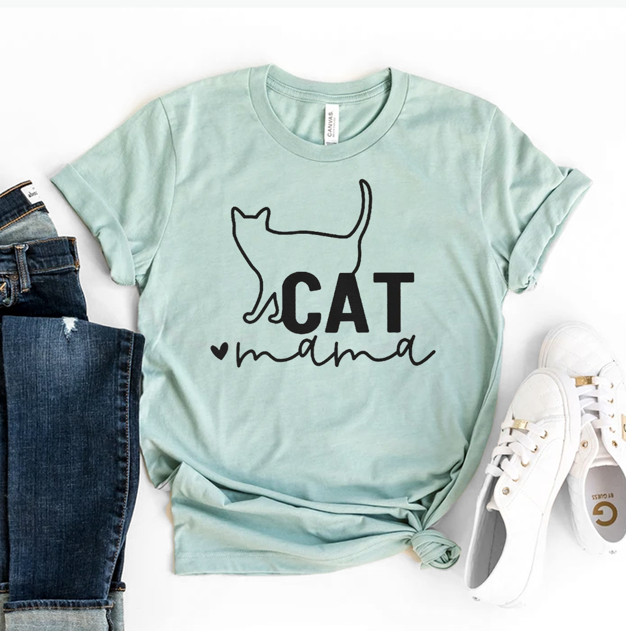 A stylish Cat Mama T-shirt made of premium ring spun cotton, featuring a high-quality flex print design.