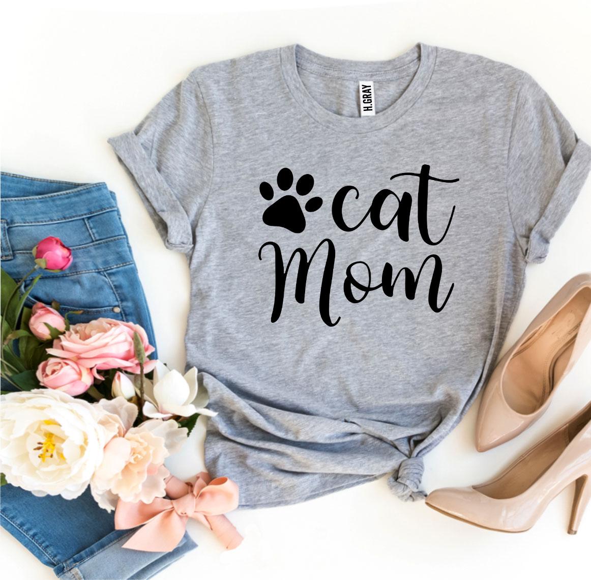 A stylish Cat Mom T-shirt made of premium ring spun cotton, featuring a high-end flex print design that showcases love for cats.