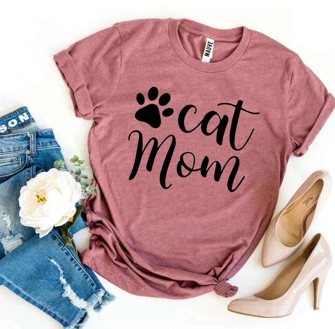 A stylish Cat Mom T-shirt made of premium ring spun cotton, featuring a high-end flex print design that showcases love for cats.