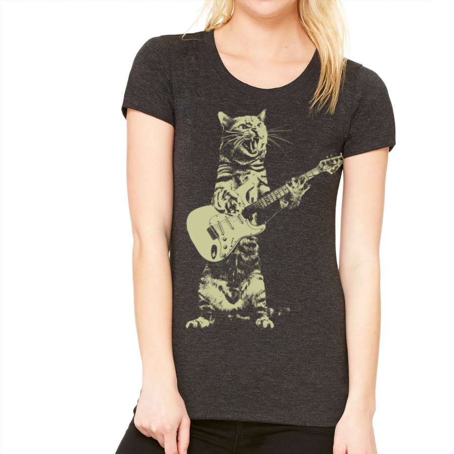 A playful cat strumming a guitar on a soft women's tee, showcasing a unique design for cat lovers.