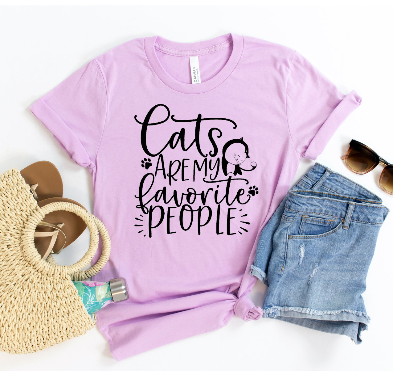 A stylish unisex T-shirt featuring the phrase 'Cats Are My Favorite People' in a playful font, made from soft cotton fabric.