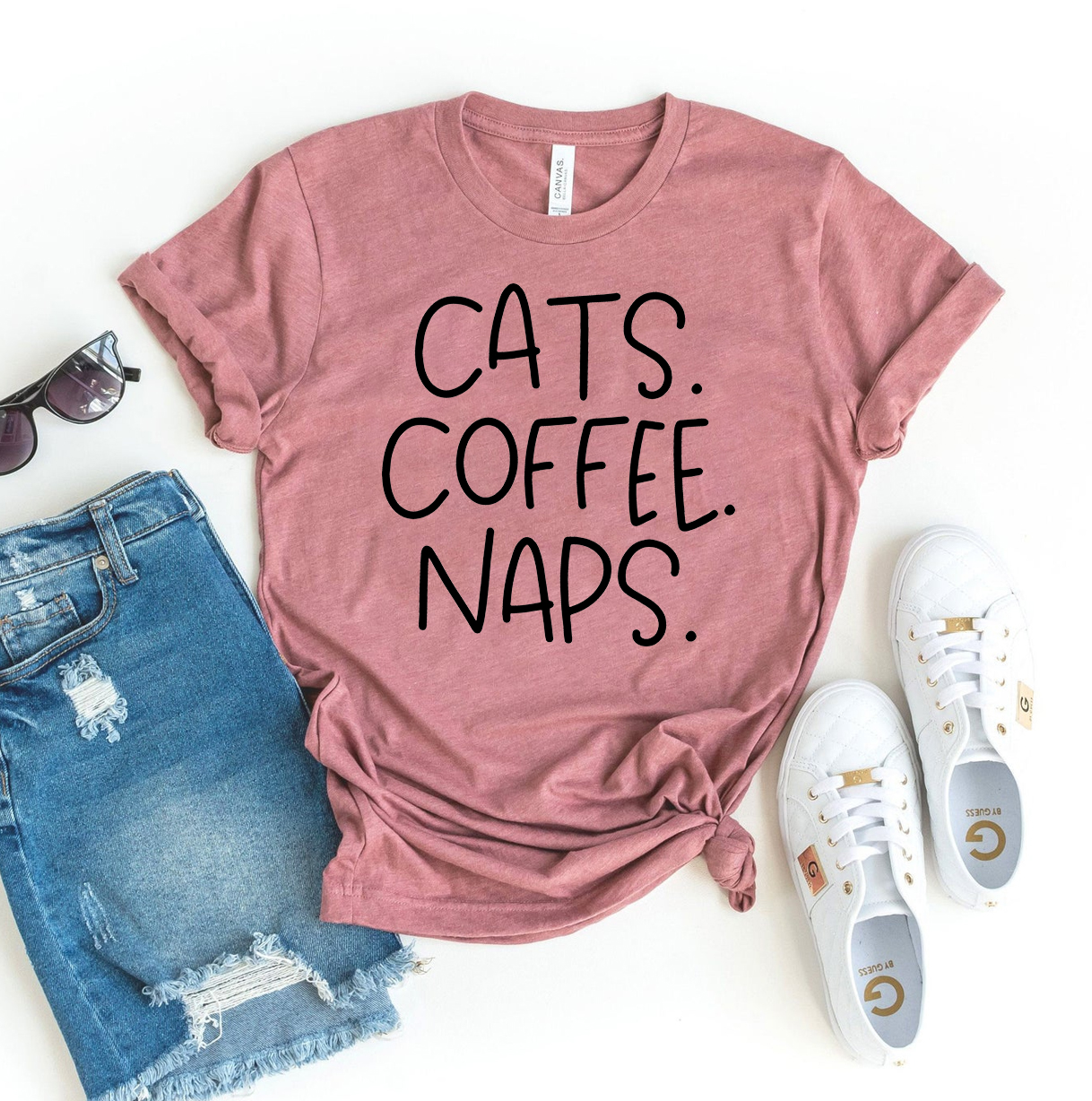 Cats Coffee Naps T-shirt made of premium ring spun cotton with a vibrant flex print design, available in various sizes.