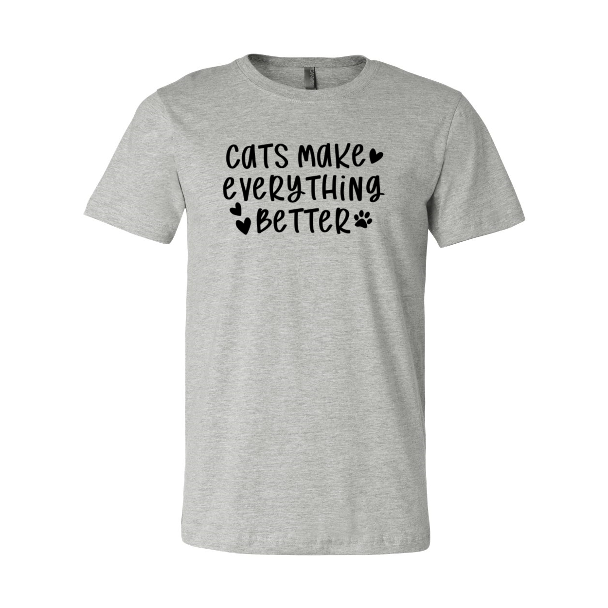 A comfortable unisex T-shirt featuring the phrase 'Cats Make Everything Better' in a stylish print, available in various colors.