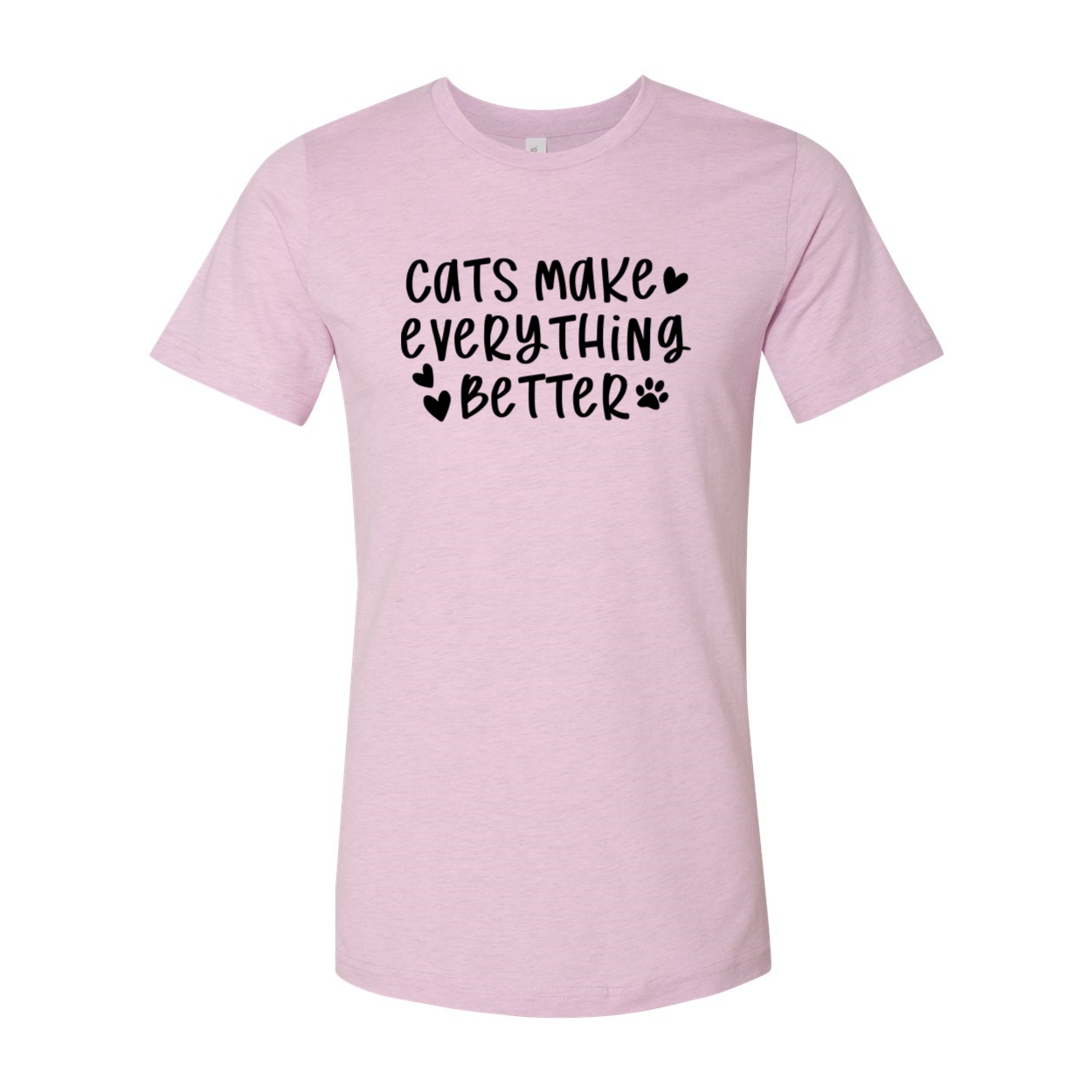 A comfortable unisex T-shirt featuring the phrase 'Cats Make Everything Better' in a stylish print, available in various colors.