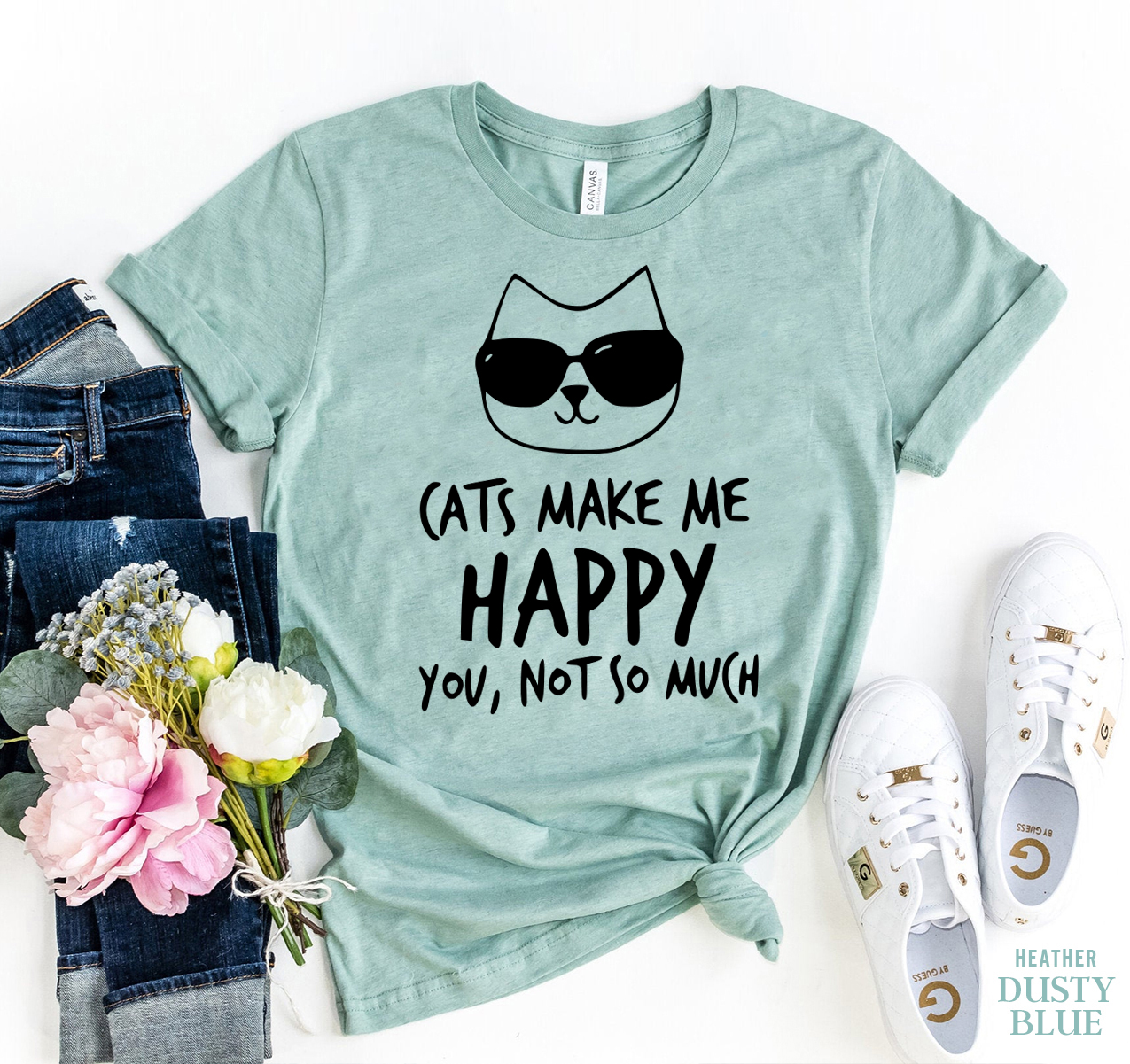 Cats Make Me Happy T-shirt made of soft ring spun cotton with a vibrant print, available in various sizes.