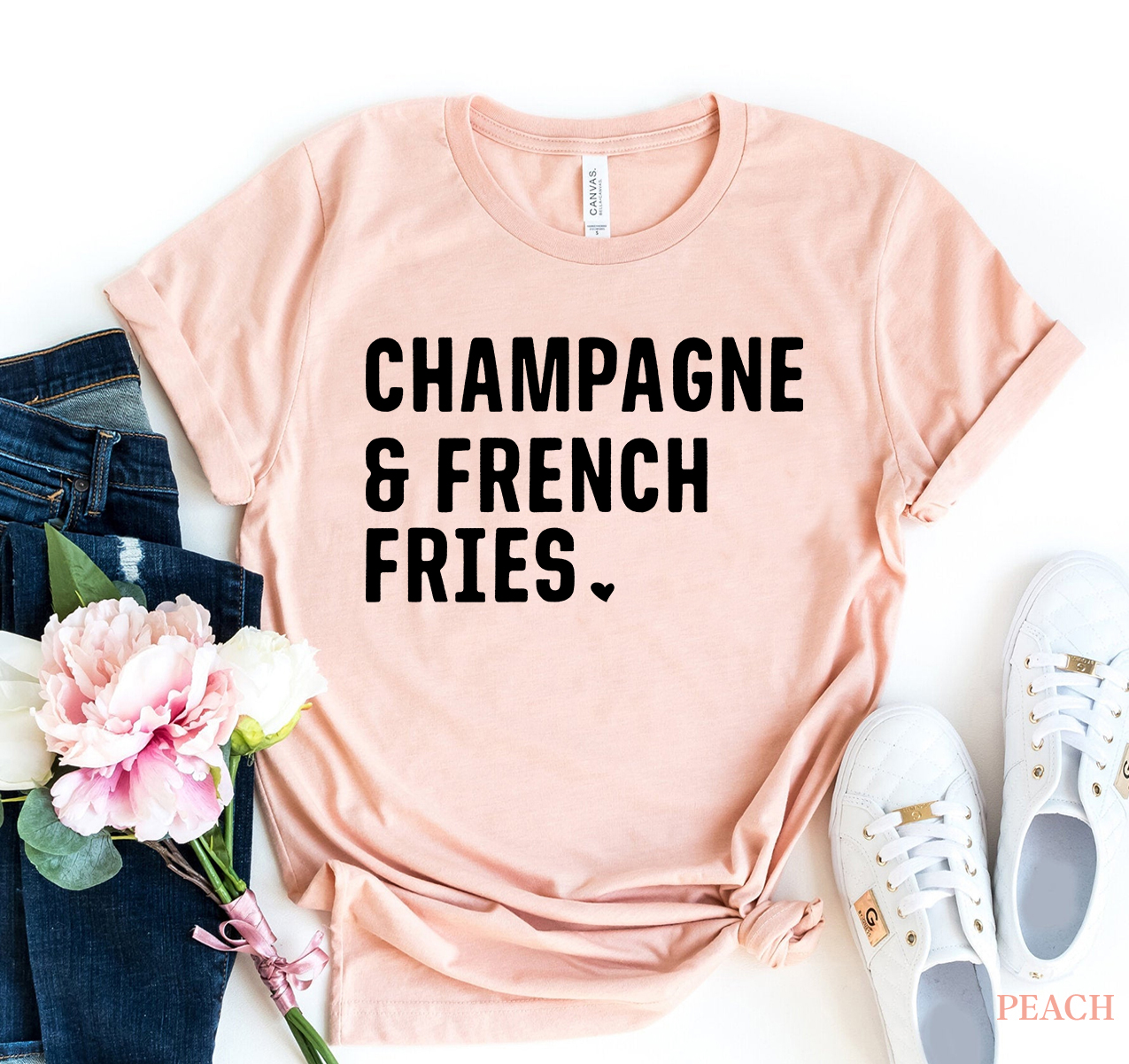 Champagne & French Fries t-shirt made of premium ring spun cotton with a playful design.