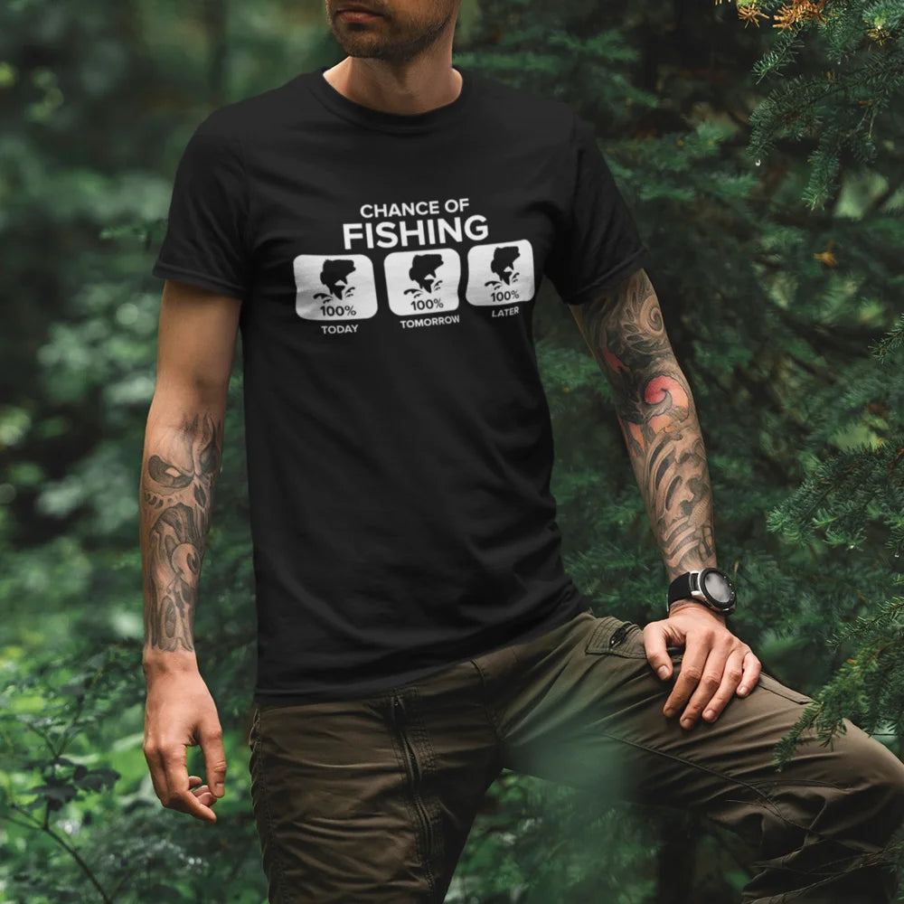 Chance of Fishing Man T-Shirt featuring a stylish fishing-themed design, made from 100% ringspun cotton for comfort.