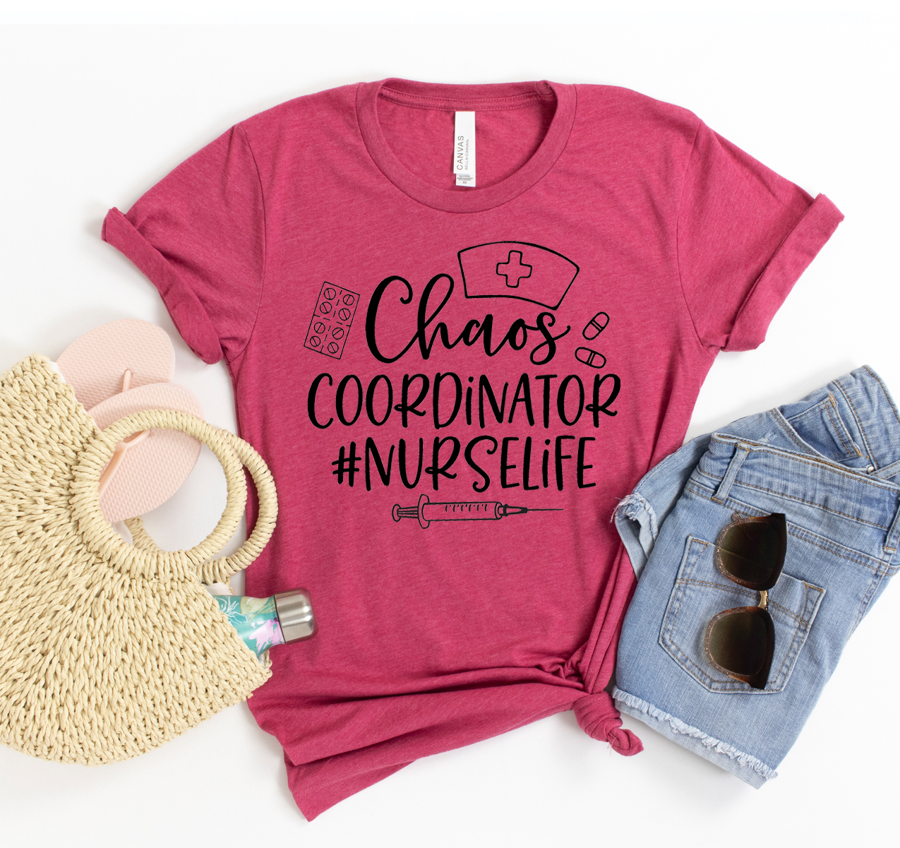 Chaos Coordinator Nurse Life T-shirt in various sizes, showcasing its soft fabric and unisex design.