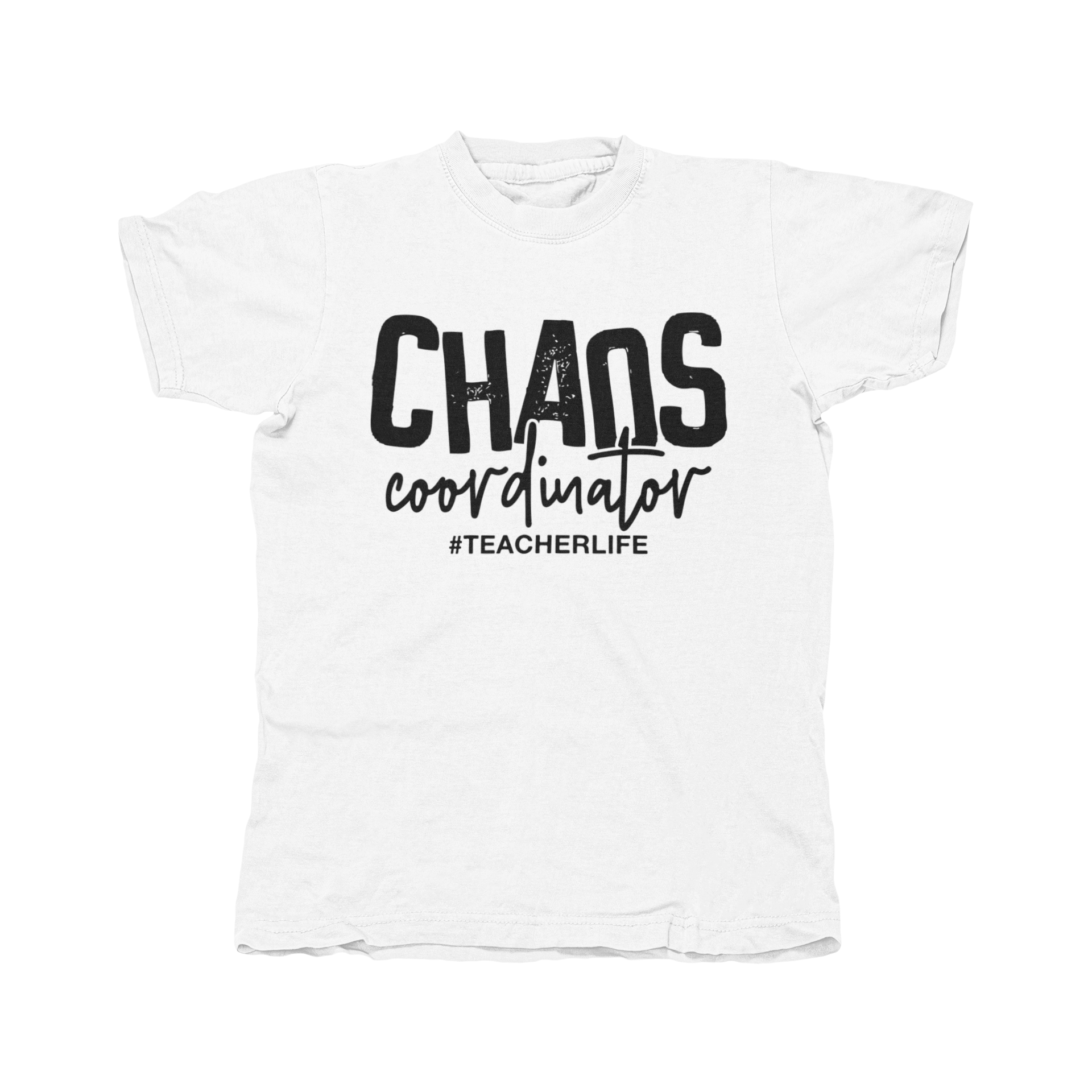 Chaos Coordinator #teacherlife shirt in black with white lettering, showcasing a stylish and comfortable design for teachers.