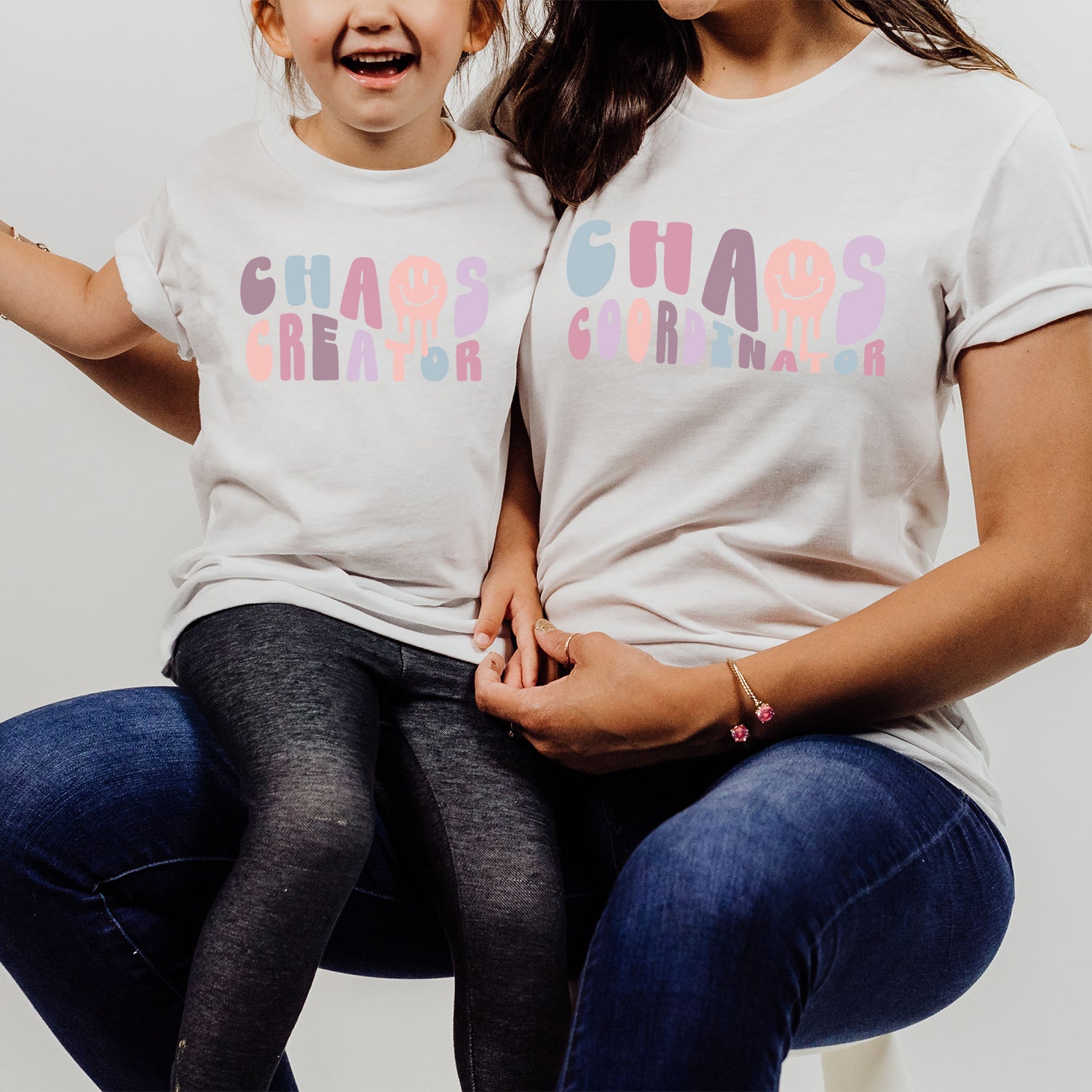 Chaos Mom and Me T-shirt featuring vibrant colors and a stylish design, perfect for matching outfits for mothers and children.